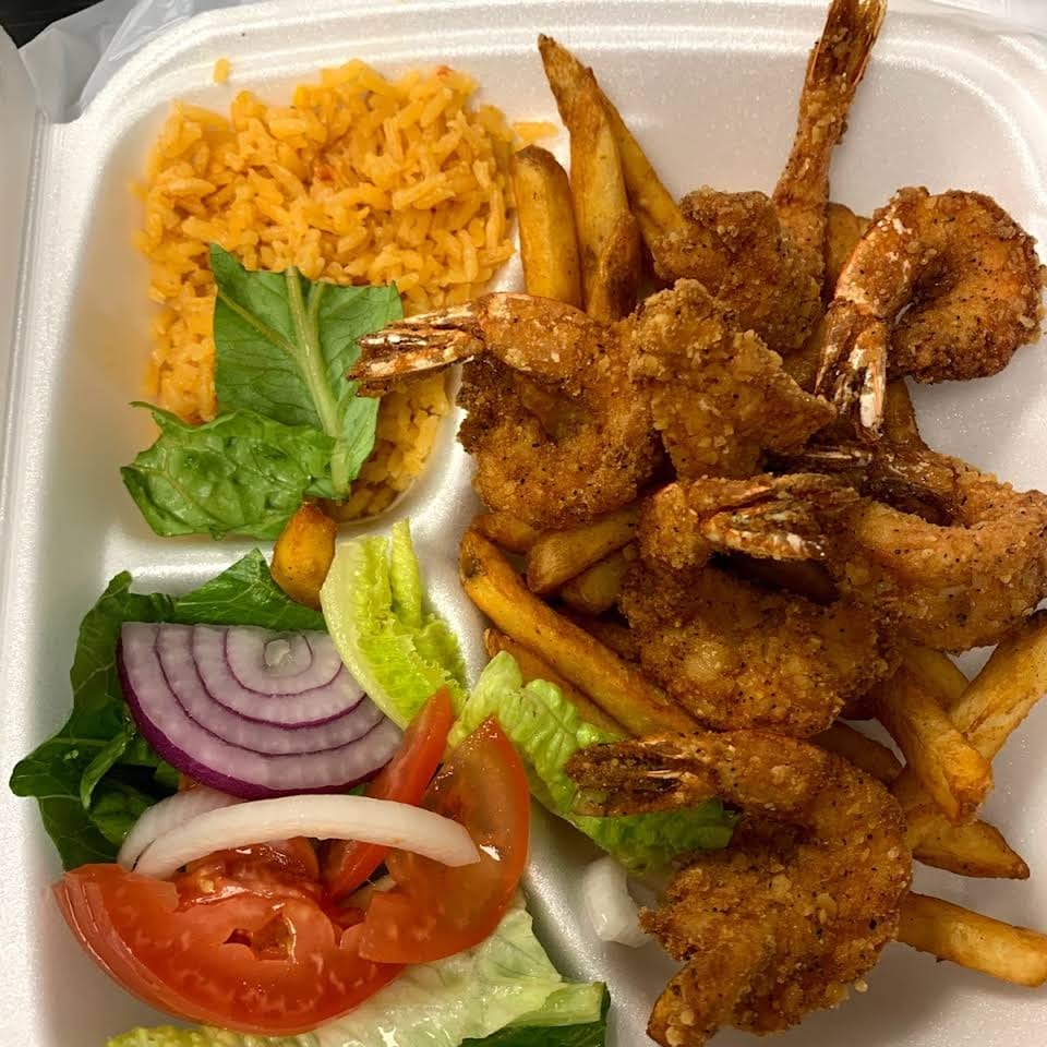 Sabor Maya Mexican Cuisine's fried shrimp with french fries, rice, and a side salad.